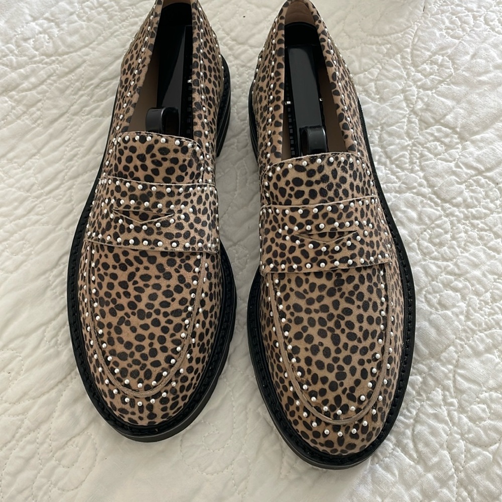 Stuart Weitzman loafers, size 9, suede animal print